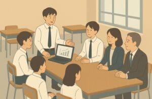 教室内で、生徒1人が大人２名と他の生徒４名に向かい、ノートパソコンを使ってプレゼンテーションをしている様子のイメージイラスト。