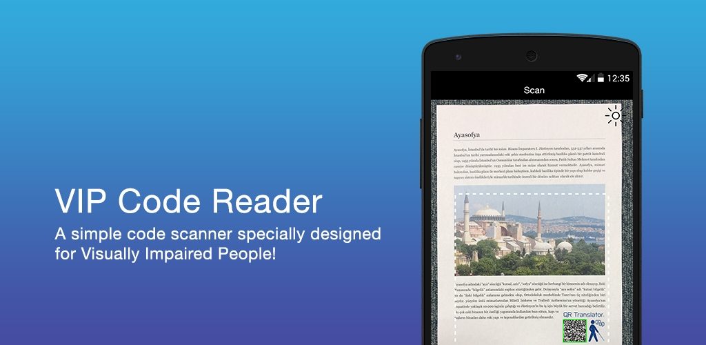 視覚障碍者のために開発されたQRコード読み取りアプリ、VIPコードリーダーの画像です。