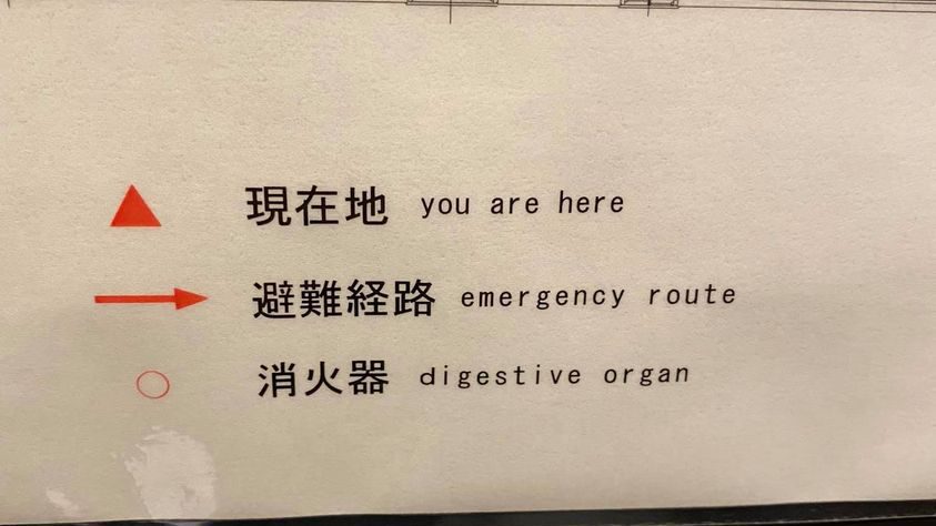 原文の理解が大切な例として、消火器の英語が間違ったdigestive organと記載した張り紙。本来はfire extinguisherが正しい英語