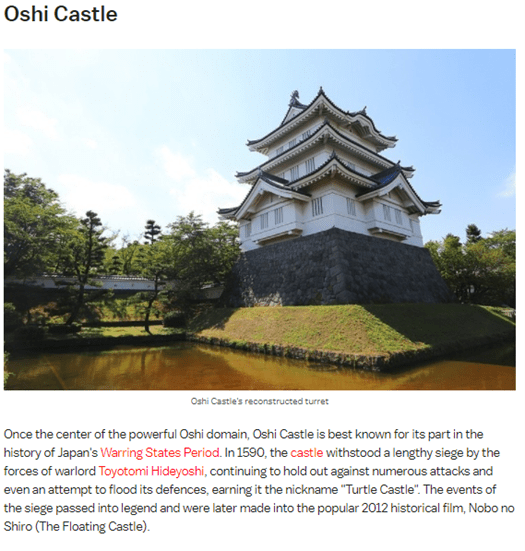 忍城の紹介では、城が豊臣秀吉の軍勢による水攻めに耐えたこと、それが由来で亀城という別名がついたこと、映画『のぼうの城』の舞台となったことなどが説明されている。