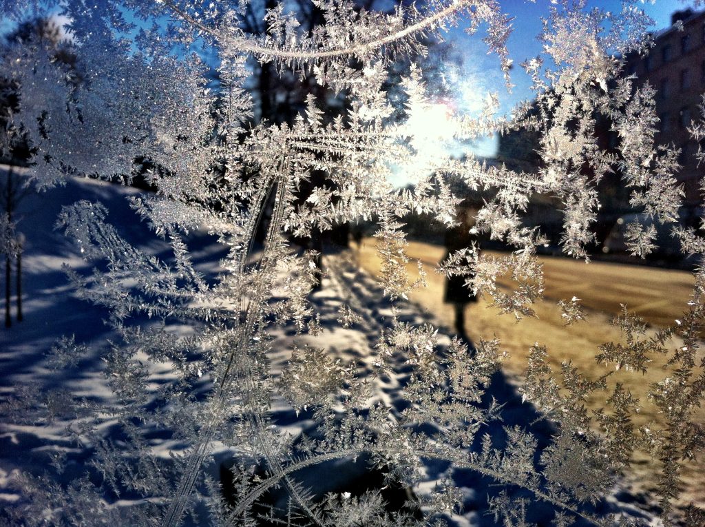 透明なガラスに、白い雪の結晶が連なって無数に張り付いている。ガラスの向こうには、中央やや右上寄りに高度の低い太陽、右半分に日光に照らされた道路とその上を歩く1人の人のシルエット、左半分に雪が積もった地面が見える。