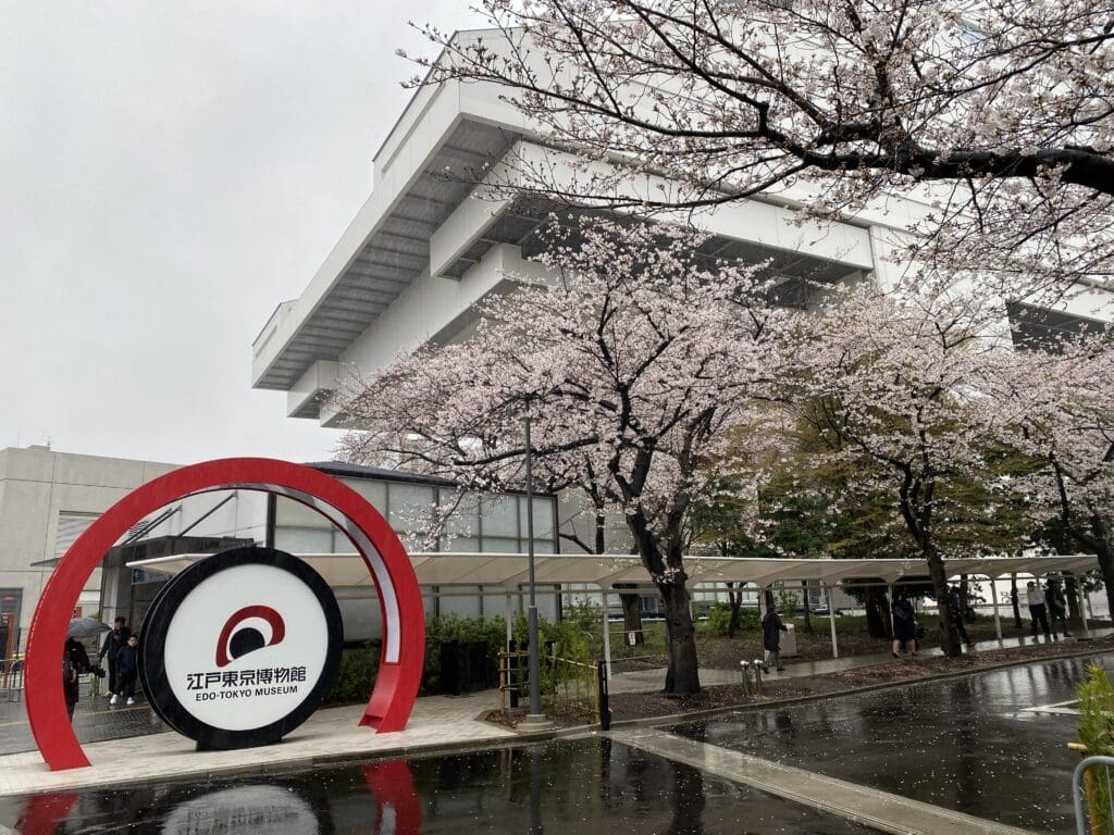 昼の江戸東京博物館正面口と桜並木