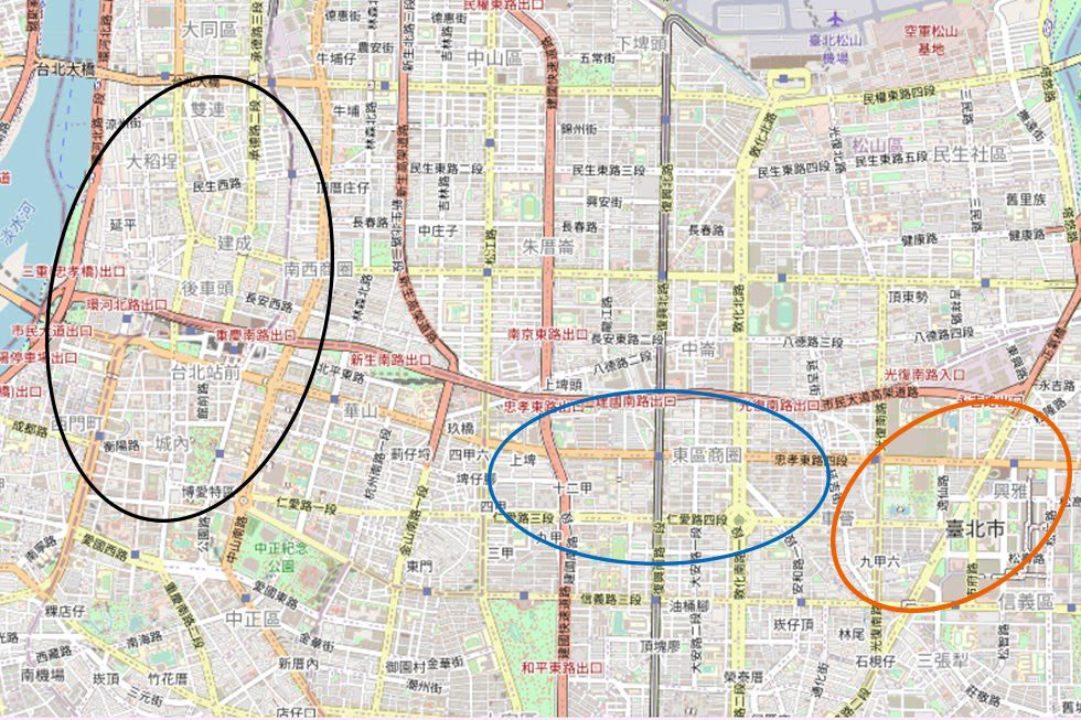 台北市内のカフェ繁盛エリア地図。左から黒丸、青丸、赤丸でエリアを図示しています。