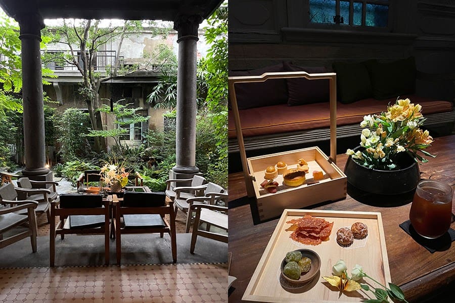 左側AKA caféの中庭を望む写真。右側に木製のプレート等に盛られたスイーツセットの写真。