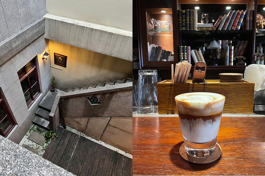 小城外珈琲 Caffé CityNorth。左に中庭の階段を上から望む写真。右側にコーヒーを取り入れたカクテルグラスの写真。