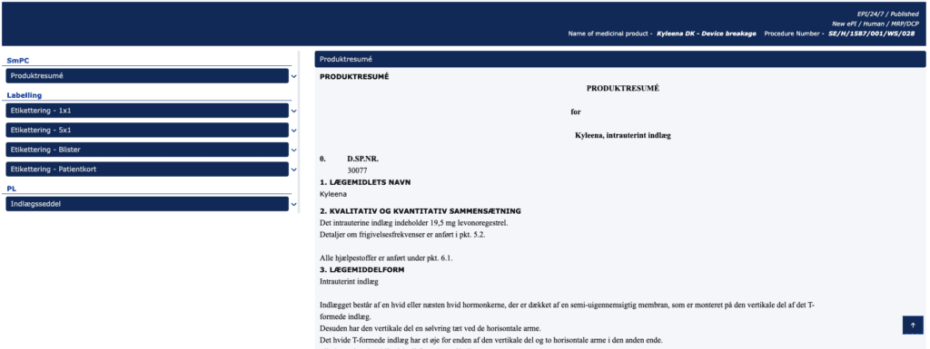 欧州医薬品庁が管理するウェブページ上にある医薬品のePI。画面左にはSmPC,Labelling,PLなどの項目があり、画面右側はそれぞれの項目の詳細な情報を表示している。