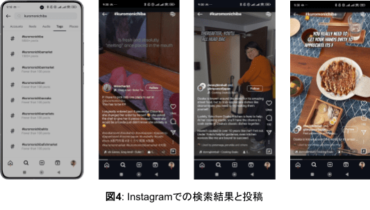 インスタグラムでの「#KuromonMarket」「#KuromonIchiba」タグで検索した結果の画像を４つならべている
