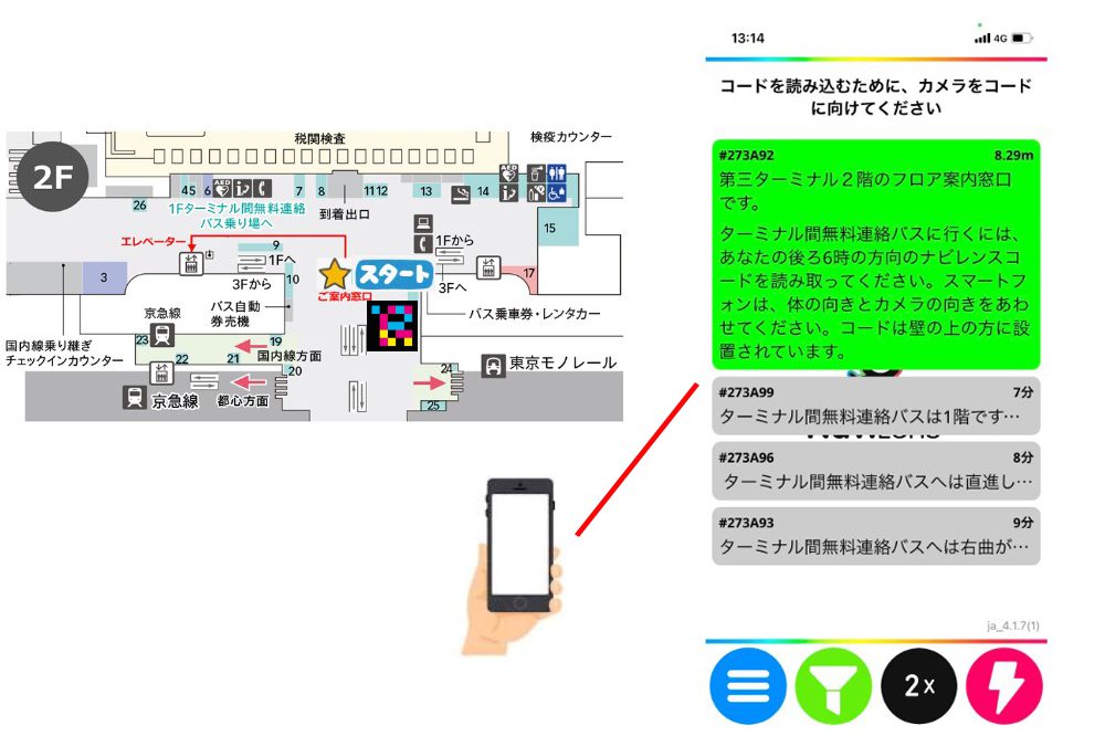 羽田空港の実証実験で「ご案内窓口」に付けられたナビレンスをスマートフォンで読み取った時に表示される、ナビレンスアプリ画面の画像。
