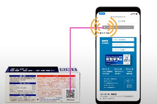 薬のパッケージに付けられたアクセシブルコードをスマートフォンで読み取ると、音声で読み上げが始まるイメージ画像
