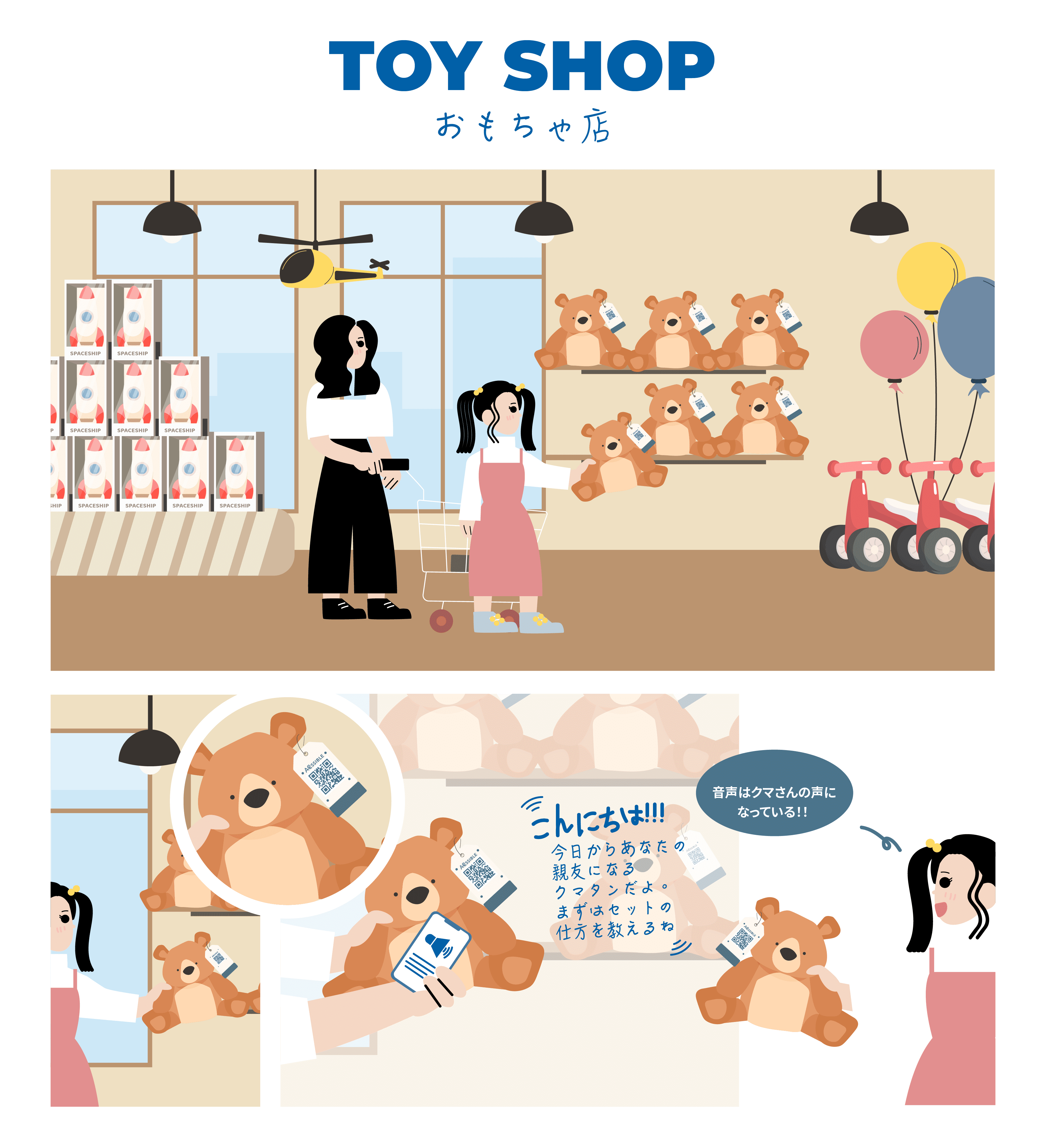 おもちゃ売り場で子どもがぬいぐるみを手に取り、タブについているアクセシブルコードを読み取り音声をきいている画像